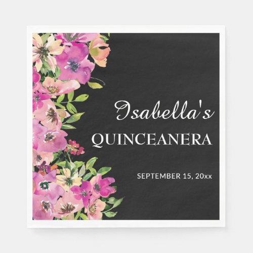 Pink Purple Floral Black Quinceaera Name Date Napkins