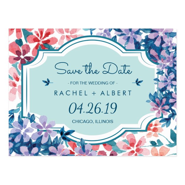 Pink Purple Floral Blossom Wedding Save The Date Postcard