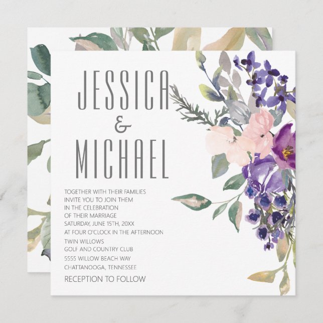 Pink Purple Floral Botanical Wedding Invitation (Front/Back)
