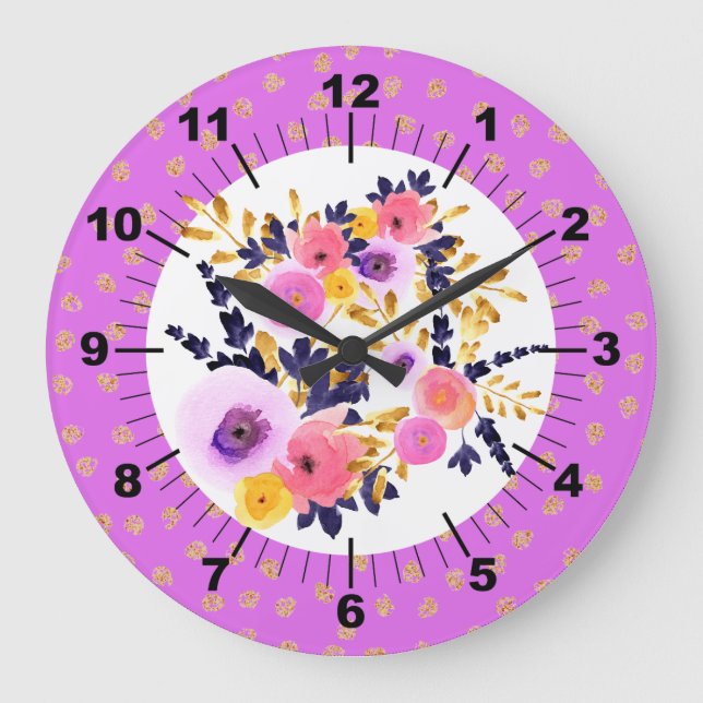 Pink & Purple Floral Bouquet Large Clock (Front)