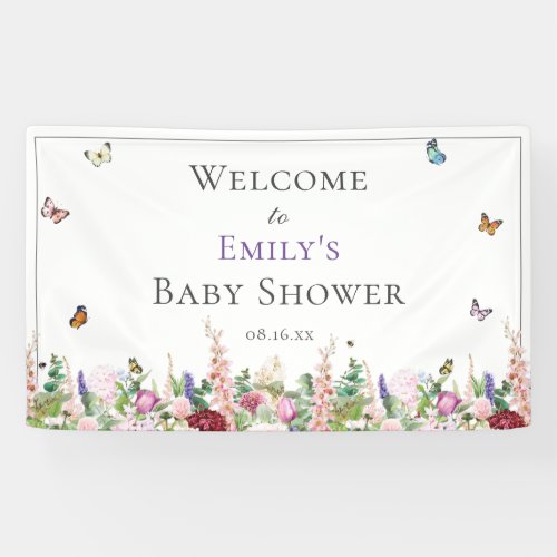 Pink Purple Floral  Butterflies Baby Shower Banner