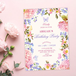Pink purple floral butterflies birthday invitation
