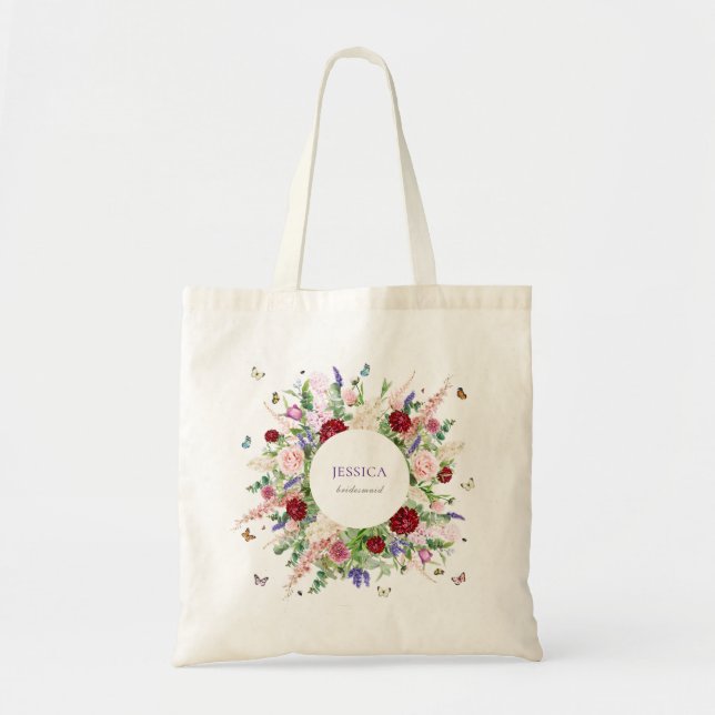 Pink Purple Floral & Butterflies Bridesmaid  Tote Bag (Front)