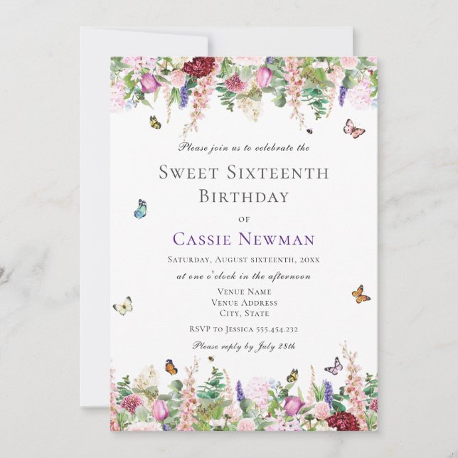 Pink Purple Floral & Butterfly | 16th Birthday Invitation (Front)