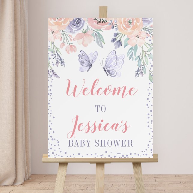 Pink Purple Floral Butterfly Baby Shower Foam Board (Creator Uploaded)