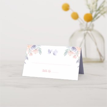 Pink Purple Floral Butterfly Baby Shower Folded Place Card by printcreekstudio at Zazzle