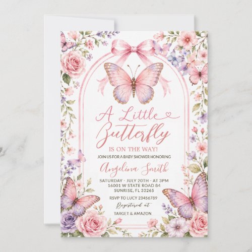 Pink Purple  Floral Butterfly Baby Shower Invitation