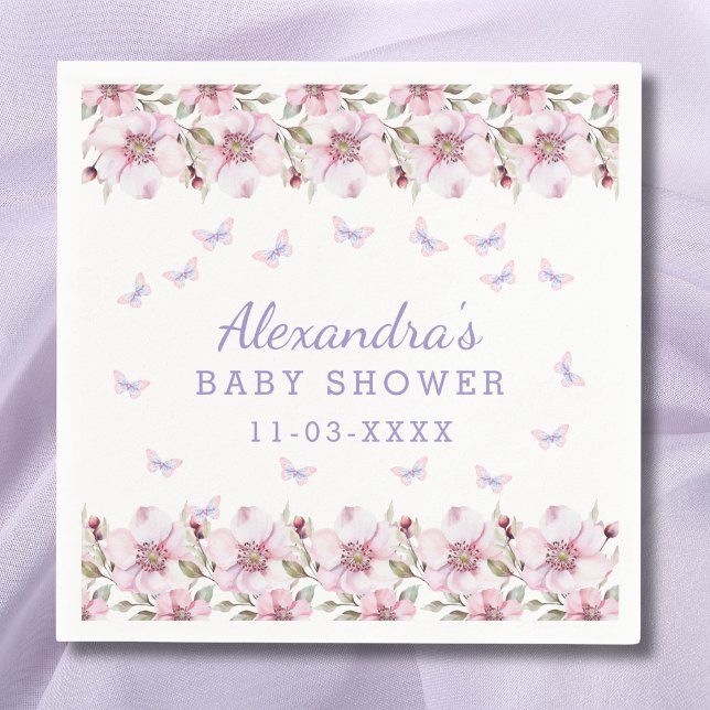 Pink Purple Floral Butterfly Baby Shower Napkins (Creator Uploaded)