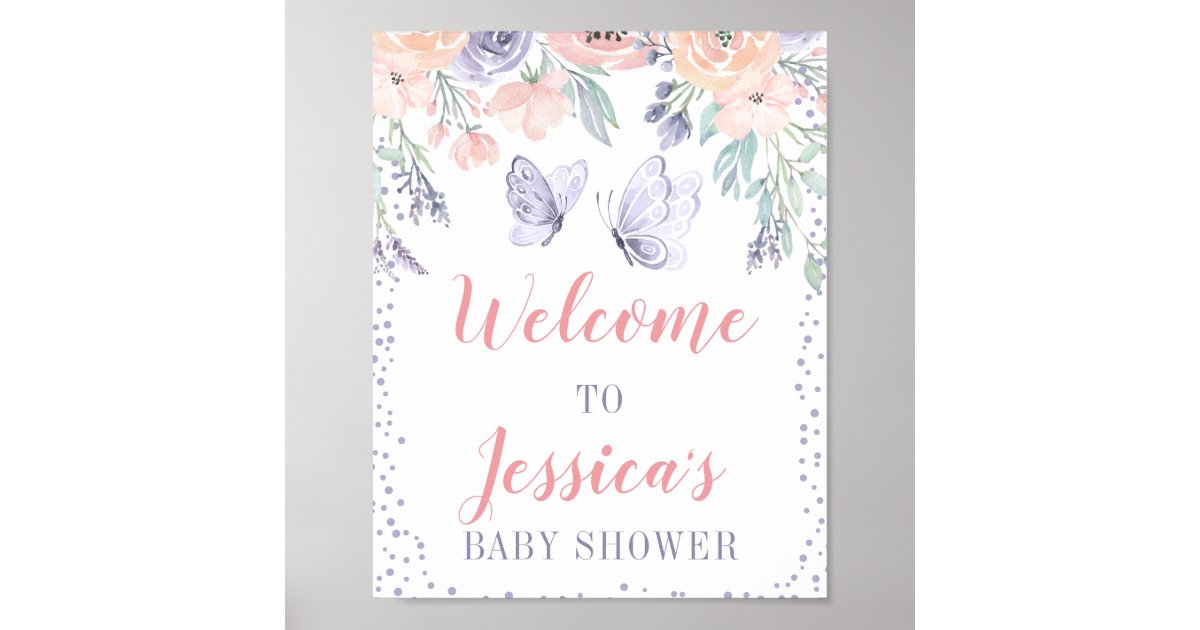 Digital File Purple and Teal Butterfly Baby Shower or Birthday Party Welcome Sign J001 J013 INSTANT DOWNLOAD