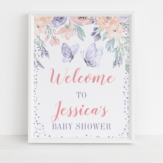 Pink Purple Floral Butterfly Baby Shower Sign (Creator Uploaded)