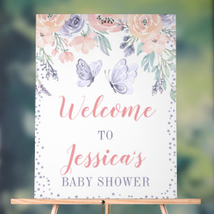 Pink Purple Floral Butterfly Baby Shower Welcome Acrylic Sign