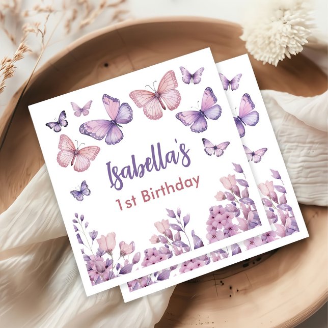 Pink Purple Floral Butterfly Girl 1st Birthday Napkins (Creator Uploaded)