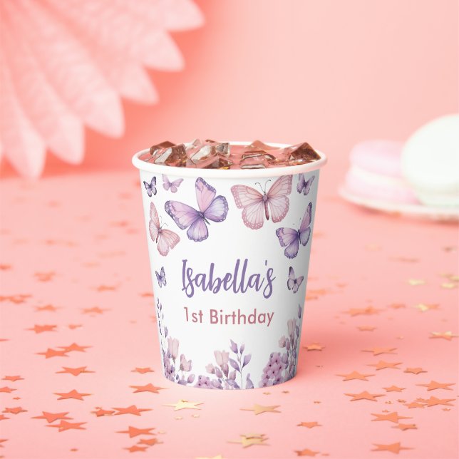 Pink Purple Floral Butterfly Girl 1st Birthday  Paper Cups (Insitu)