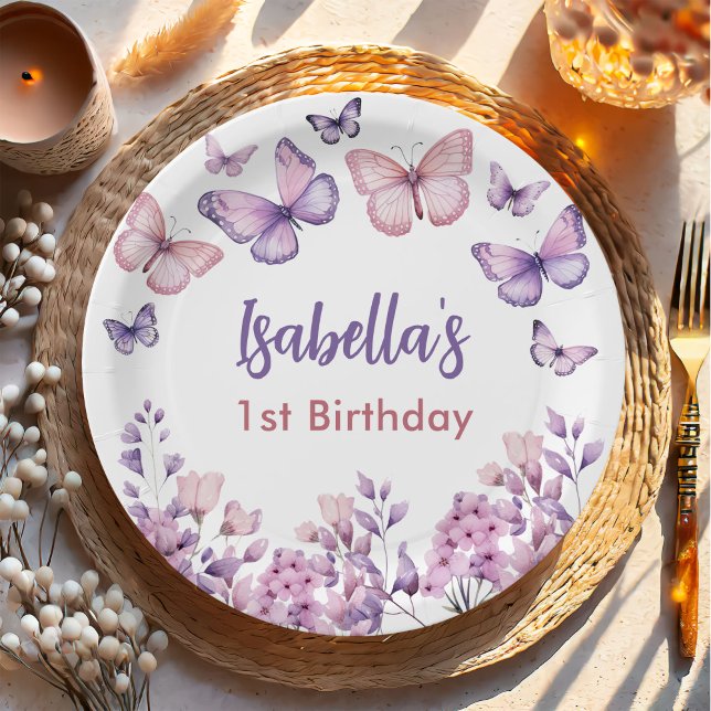 Pink Purple Floral Butterfly Girl 1st Birthday  Paper Plates (Creator Uploaded)