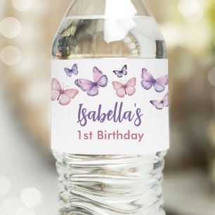 Pink Purple Floral Butterfly Girl 1st Birthday Water Bottle Label