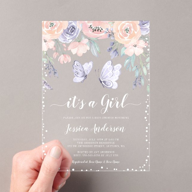 Pink Purple Floral Butterfly Girl Baby Shower Acrylic Invitations (Insitu (Handheld))