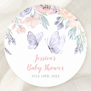 Pink Purple Floral Butterfly Girl Baby Shower Classic Round Sticker