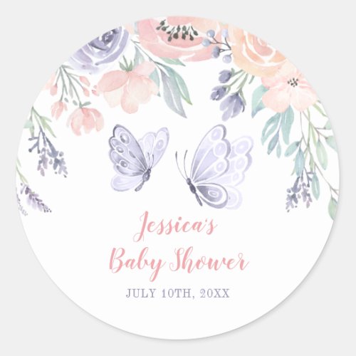 Pink Purple Floral Butterfly Girl Baby Shower Classic Round Sticker