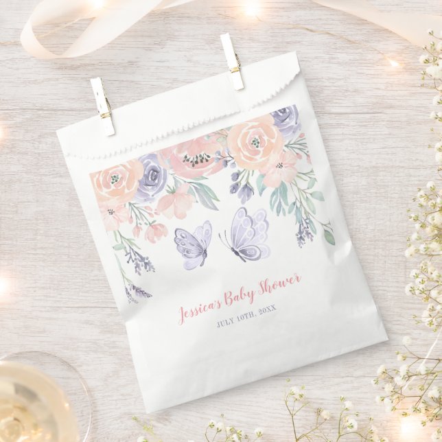 Pink Purple Floral Butterfly Girl Baby Shower Favor Bag (Clipped)