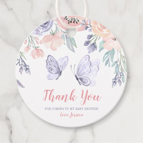 Pink Purple Floral Butterfly Girl Baby Shower Favor Tags