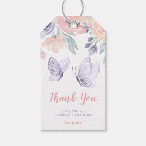 Pink Purple Floral Butterfly Girl Baby Shower Gift Tags