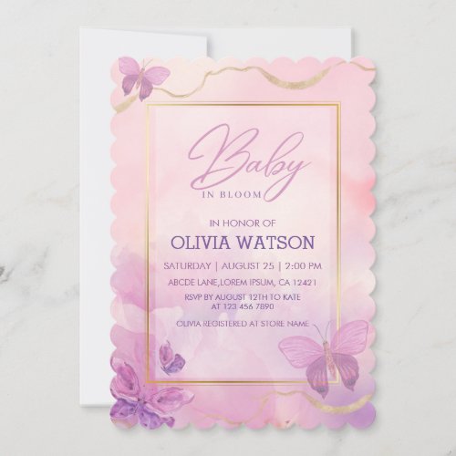 Pink Purple Floral Butterfly Girl Baby Shower  Invitation