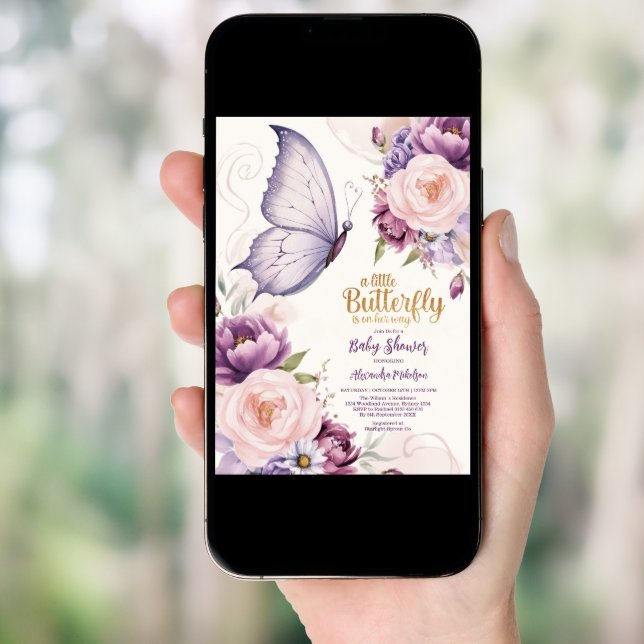 Pink Purple Floral Butterfly Girl  Baby Shower  Invitation (Front Digital)