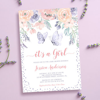 Pink Purple Floral Butterfly Girl Baby Shower Invitation by printcreekstudio at Zazzle