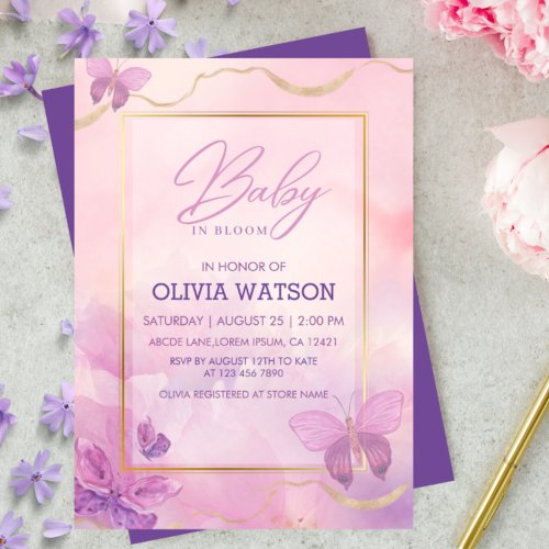 Pink Purple Floral Butterfly Girl Baby Shower  Invitation