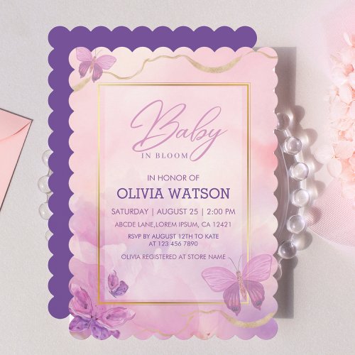 Pink Purple Floral Butterfly Girl Baby Shower  Invitation