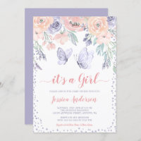 Pink Purple Floral Butterfly Girl Baby Shower Invitation