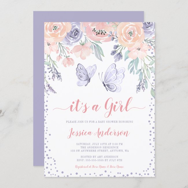 Pink Purple Floral Butterfly Girl Baby Shower Invitation