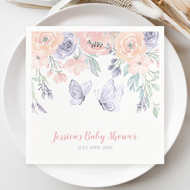 Pink Purple Floral Butterfly Girl Baby Shower Napkins (Creator Uploaded)