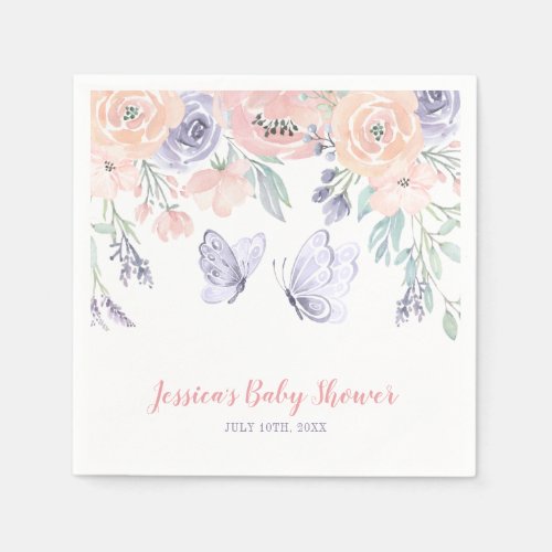 Pink Purple Floral Butterfly Girl Baby Shower Napkins