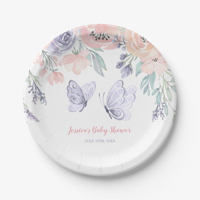 Pink Purple Floral Butterfly Girl Baby Shower Paper Plates (Front)
