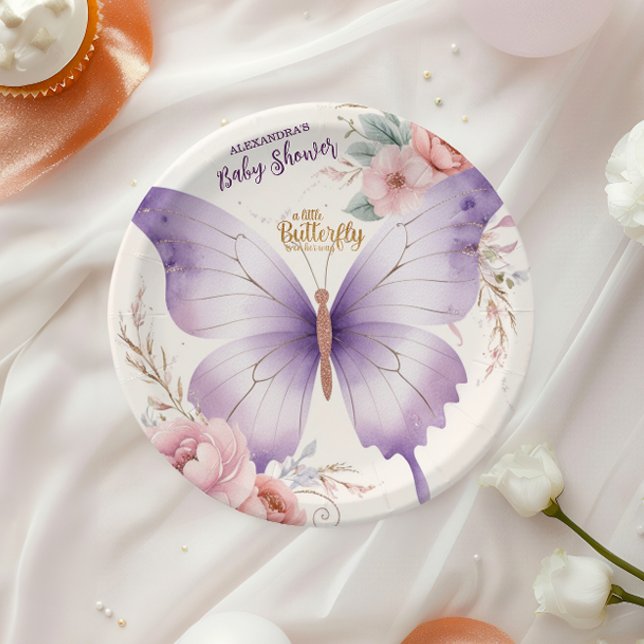 Pink Purple Floral Butterfly Girl Baby Shower Paper Plates (Creator Uploaded)