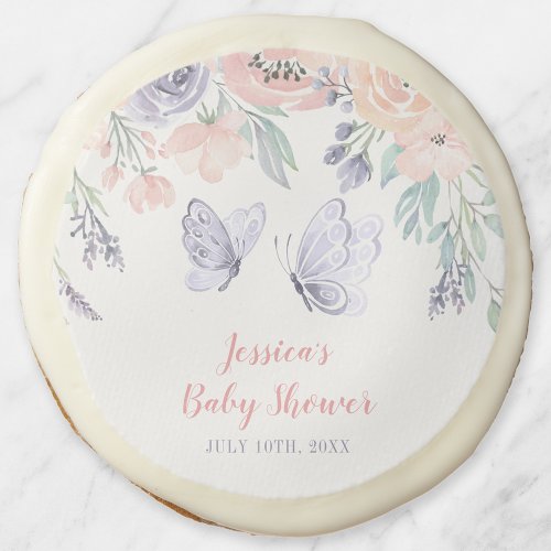Pink Purple Floral Butterfly Girl Baby Shower Sugar Cookie