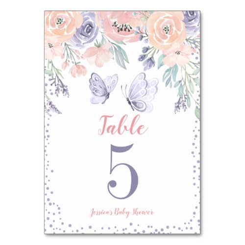 Pink Purple Floral Butterfly Girl Baby Shower Table Number