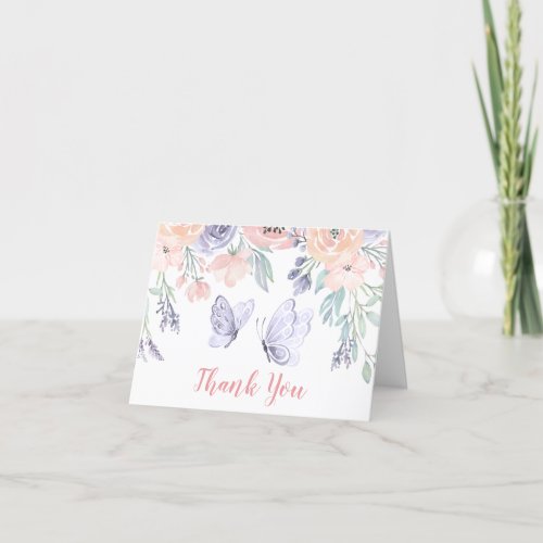 Pink Purple Floral Butterfly Girl Baby Shower Thank You Card