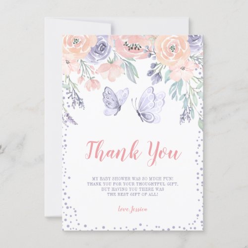 Pink Purple Floral Butterfly Girl Baby Shower Thank You Card