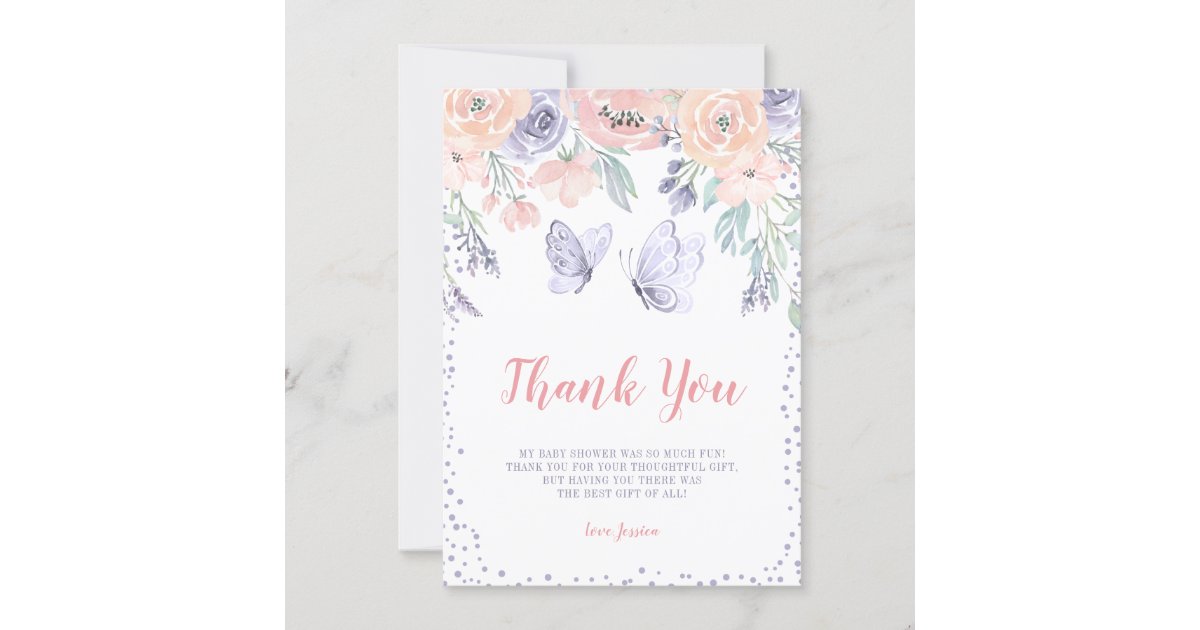 Pink Purple Floral Butterfly Girl Baby Shower Thank You Card | Zazzle.com
