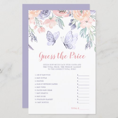 Pink Purple Floral Butterfly Guess the Price Game
