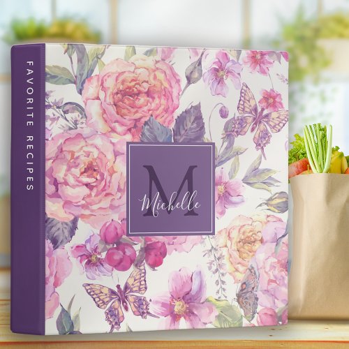 Pink Purple Floral Butterfly Monogram Recipe 3 Ring Binder