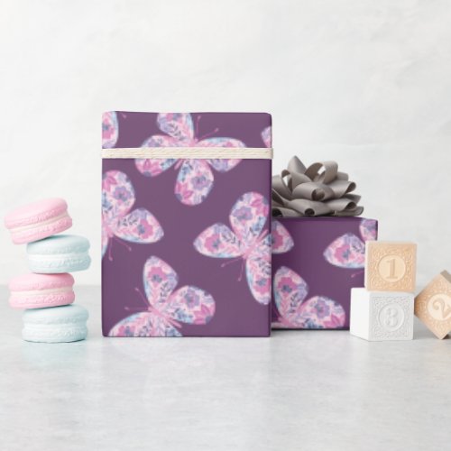 Pink Purple Floral Butterfly Pattern Wrapping Paper