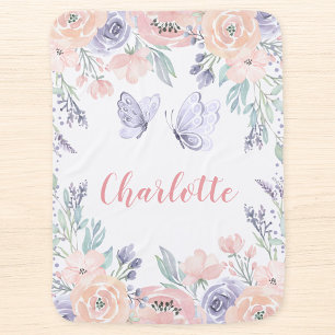 Pink Purple Floral Butterfly Personalized Girl Baby Blanket