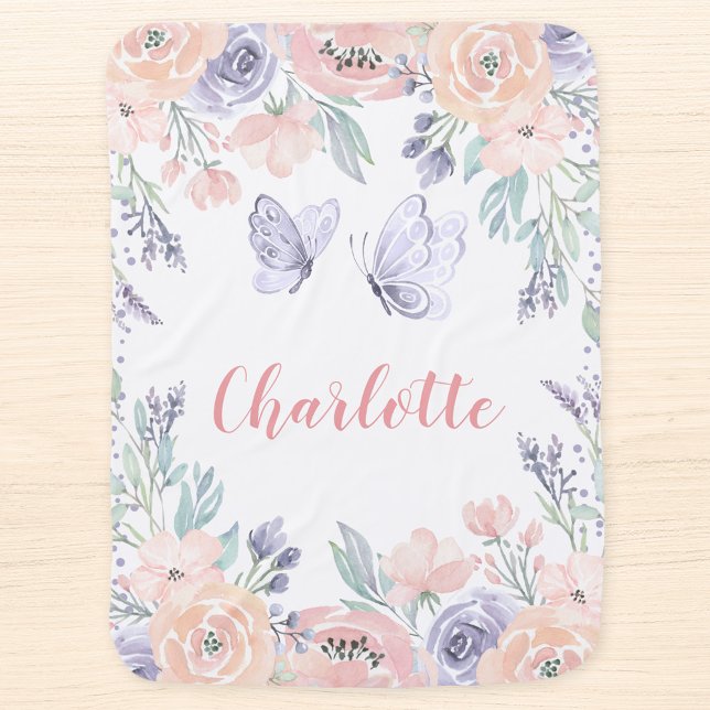 Pink Purple Floral Butterfly Personalized Girl Baby Blanket (Creator Uploaded)