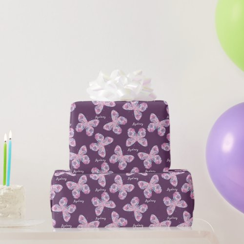 Pink Purple Floral Butterfly Personalized Name Wrapping Paper