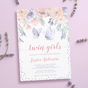 Pink Purple Floral Butterfly Twin Girl Baby Shower Invitation by printcreekstudio at Zazzle