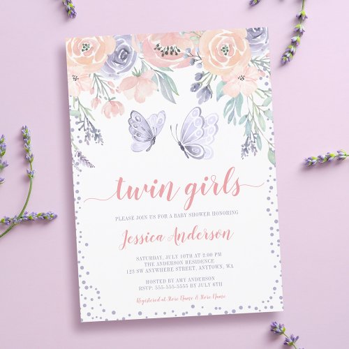 Pink Purple Floral Butterfly Twin Girl Baby Shower Invitation