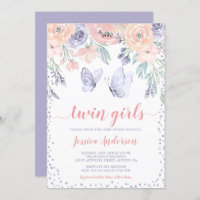 Pink Purple Floral Butterfly Twin Girl Baby Shower Invitation